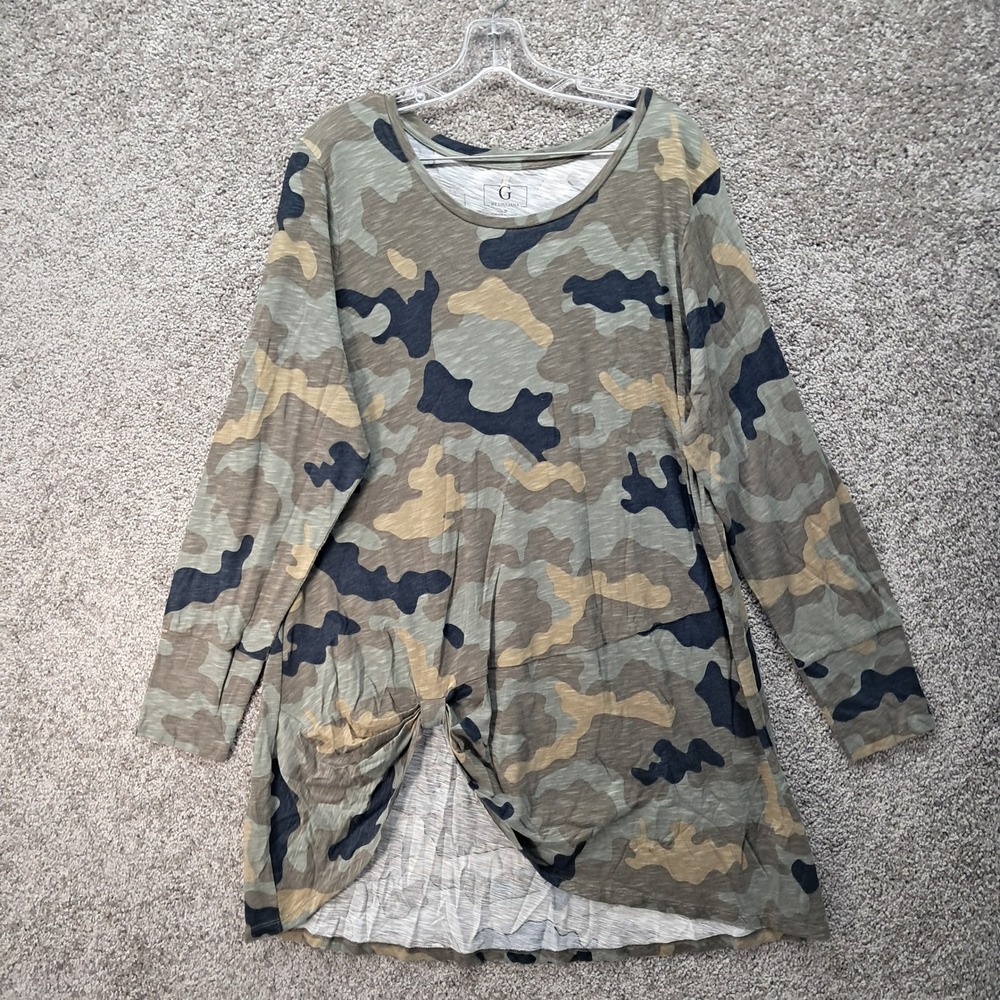 G by Giuliana Camo Print Front Knot Tunic Top Green Brown 2X Long Sleeve